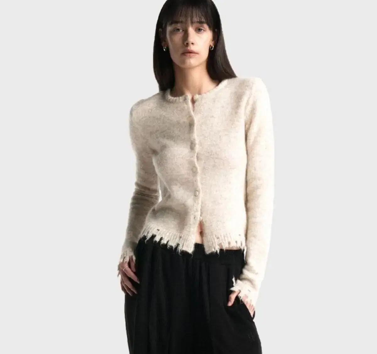 우알롱 가디건 distressed knit round cardigan